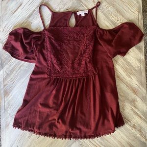 Coco + Jamieson Burgundy Cold Shoulder Top